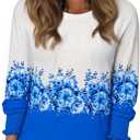 Long Sleeve Shirts for Women 2026 Spring Dressy Casual Blouses Pleated Crewneck Tunic Tops for Leggings Cute Tee (X-Large, White Blue Floral 1)