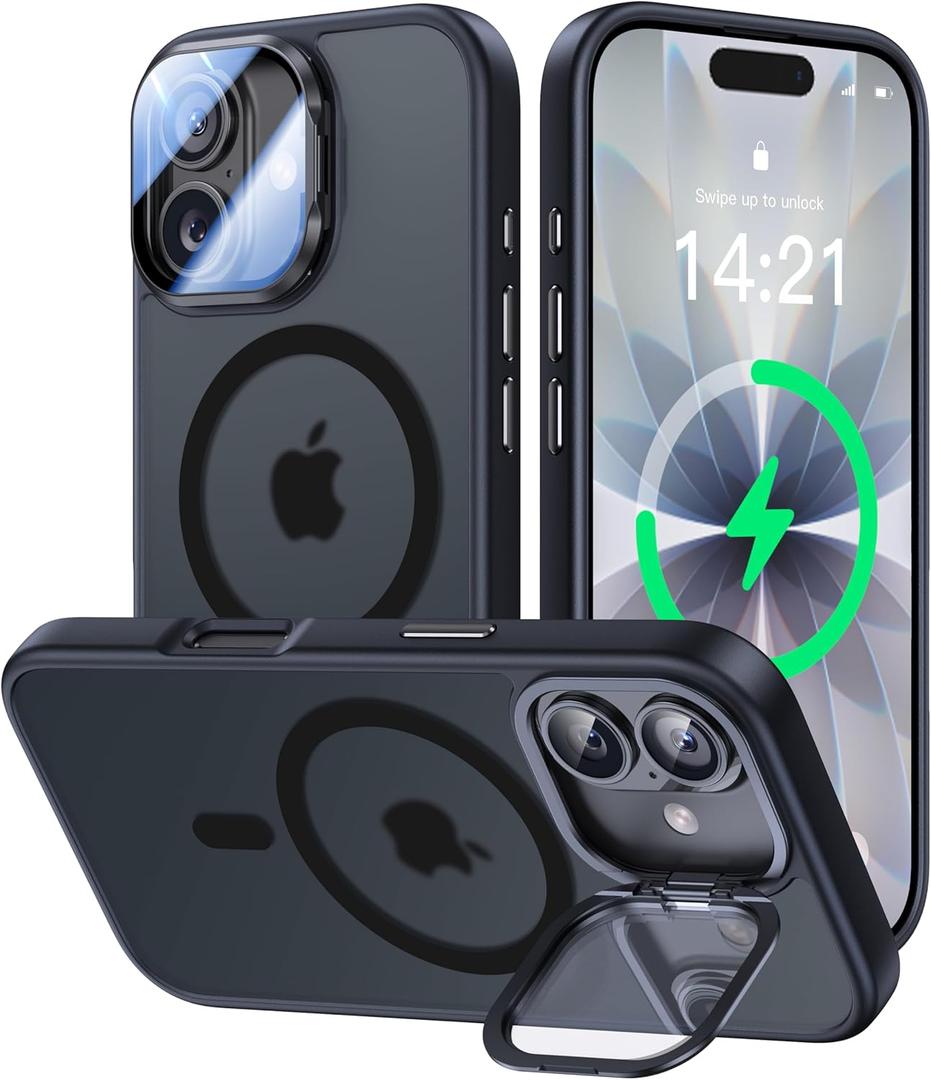 VOFATA [Upgraded Full Camera Protection] for iPhone 17 Case with Camera Cover Stand [Fit for MagSafe][10FT Mil-Grade Protection] Translucent Magnetic iPhone 17 Phone Case, Black