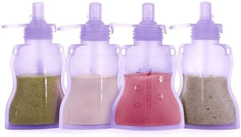 Haakaa Baby Food Pouch Refillable Baby Squeeze Silicone Yummy Pouch, Soft Reusable Squeeze Storage Food Pouch for Kids Toddler,Home Made Food Puree,Smoothie Pouch Bag, 4oz, 4 Pack,6m+(Lavender)