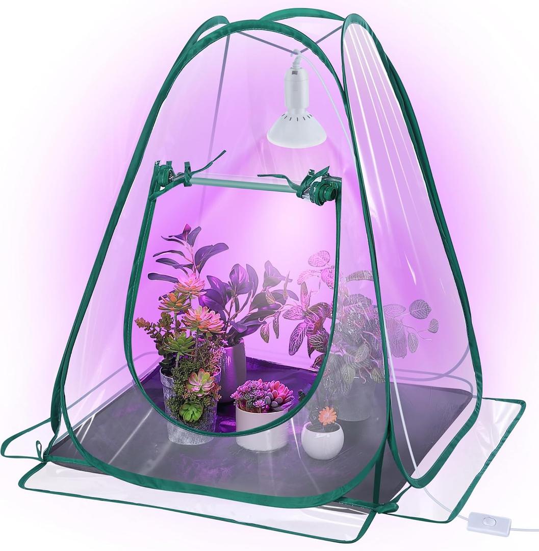 Meonum Small Greenhouse for Indoor Outdoor, Pop Up Mini Greenhouse with 10W 200 LED Grow Light Bulbs, Waterproof Bottom Mat for Indoor Outdoor Plants Seed Starting(27" x 27" x 30")