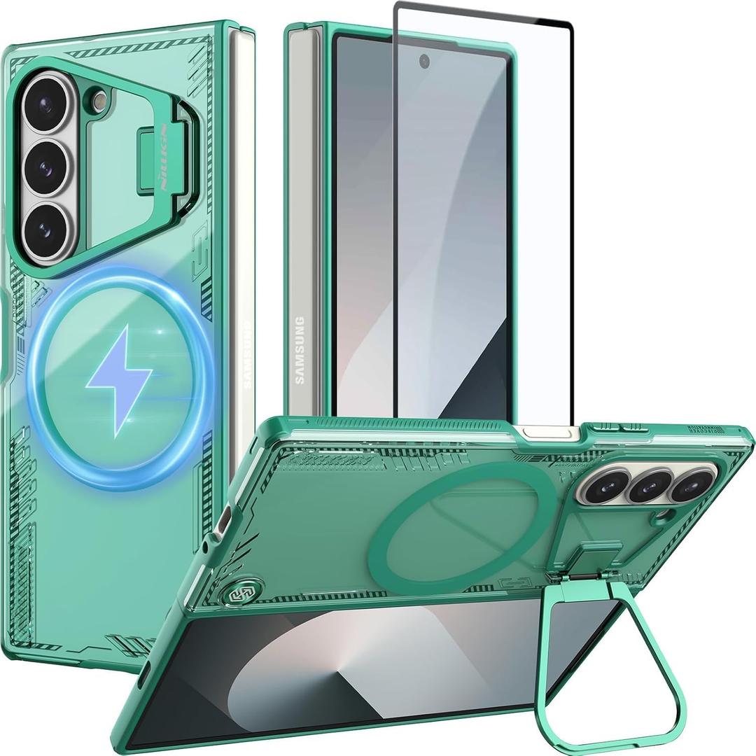 Nillkin [New Material for Samsung Galaxy Z Fold 6 Case, Built-in HD Screen Protector & Adjustable Camera Kickstand, Slim Clear Magnetic Phone Case for Samsung Galaxy Z Fold 6, Green