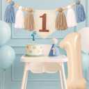 1st Birthday Decorations for Boys, First Birthday High Chair Banner Set with Khaki Blue Tassels, 40 Inch Number 1 Foil Balloon, Cone Hat & Cake Candle, Boho Cake Smash Photo Backdrop