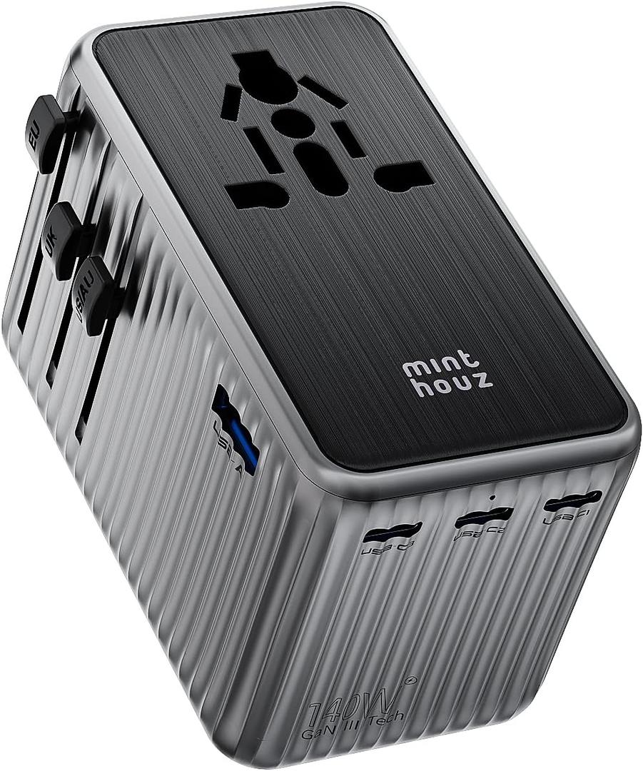Minthouz Universal Travel Adapter, International 140W Power Adapter GaN PD Fast Charger with 3 USBC PD & 1 USBA Port, AllinOne Portable AC Worldwide Power Converter Plug for USA EU UK AUS and More