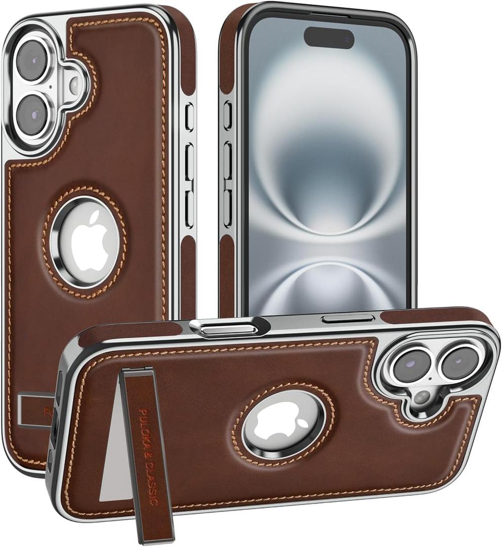 PULOKA for iPhone Leather Covered Phone Case with Kickstand Phone Cases (Brown, iPhone 16)