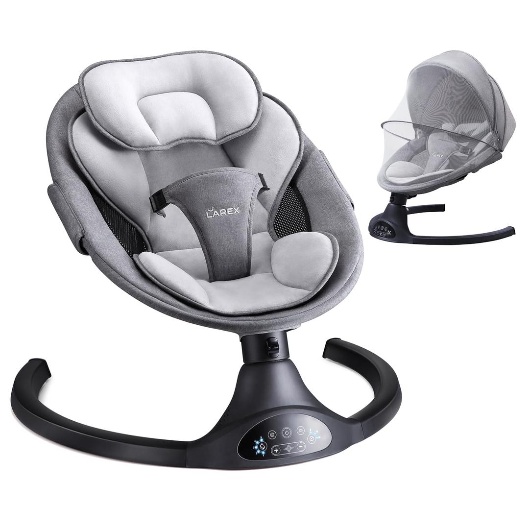 LAREX Baby Swing Infant Swing Electric Toddler Baby Rocker Portable for Newborn Boy Girl, 5 Sway Speeds with Remote Control, 10 Preset Melodies and Bluetooth, 0-6 Months Max 20 Lbs (Gray Black)