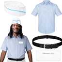 Seenelling 4 Pcs Burger Costume Striped Shirt Disposable Cook's Cap Belts Blank Badge for Men Women Halloween Movie Cosplay (Large)
