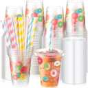 meekoo 50 Sets Donut Cup with Flat Lids and Straws 12 oz Doughnut Sprinkle Plastic Cups Clear Drink Disposable Cups with Lids for Smoothie Donut Grow up Birthday Party Baby Shower Summer Holiday (Classic Colors)