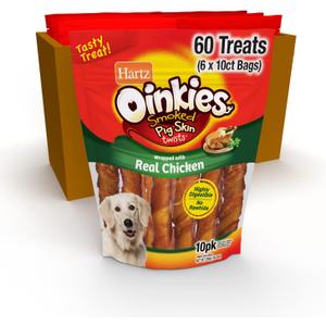 Hartz Oinkies Smoked Pig Skin Chicken Jerky Twists Dog Treats, 10 Count (Pack of 6) (Packaging May Vary)