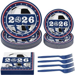 World Cup 2026 Soccer Party Decorations - 100Pcs Disposable Paper Plates and Napkins Party Supplies for Soccer Themed Birthday, Game Day Watch Parties, Fan Celebrations (For 25 Guests)