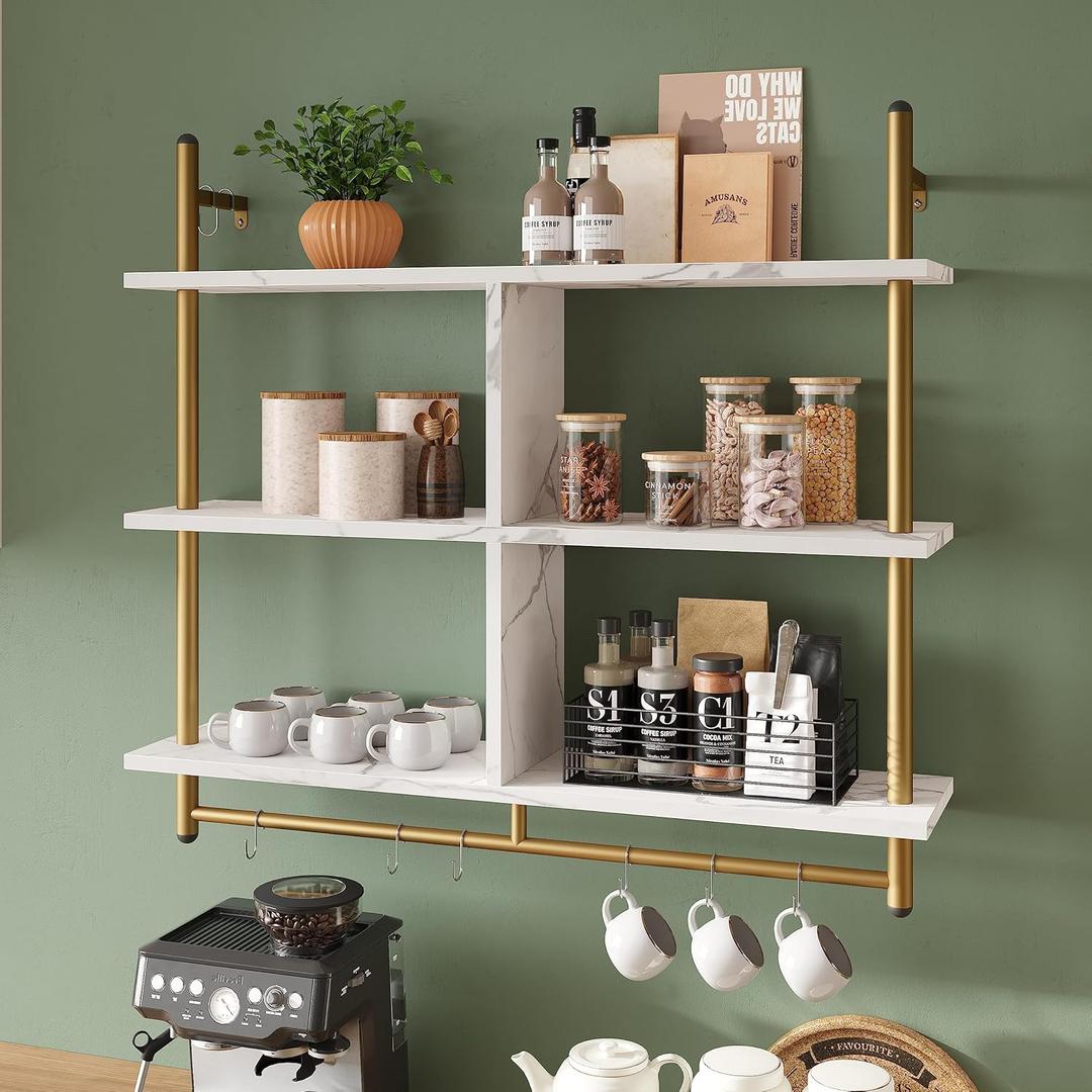 Bestier Kitchen Shelves Wall Mounted Floating Pipe Shelving 3 Tier 41.5" Coffee Bar Shelf with Holder Wall Display Storage Rack Kitchen Organization and Home Decor, White Faux Marble (41 Inch Extra Long)