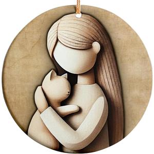 Christmas Ornament for Cat Lovers  Girl and Cat Hug Design  Printed Ceramic Ornament, Not a Carved Sculpture  Pet Lover Gift, Xmas Tree Decoration