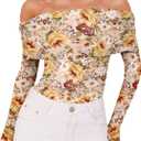 Womens Off Shoulder Long Sleeve Floral Mesh Tops Slim Fit Shirts Tops Fall Outfits 2026 (Large)