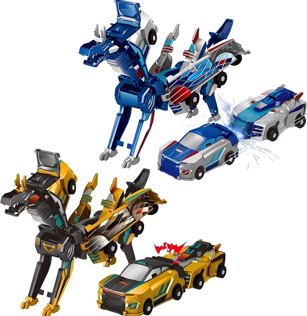 Magnetic Dinosaur Car Toy - 2 in 1 Crash & Transform Vehicle to Dino, No Battery Needed for Kids Age 3-12, Birthday Gift (Gold Blue)