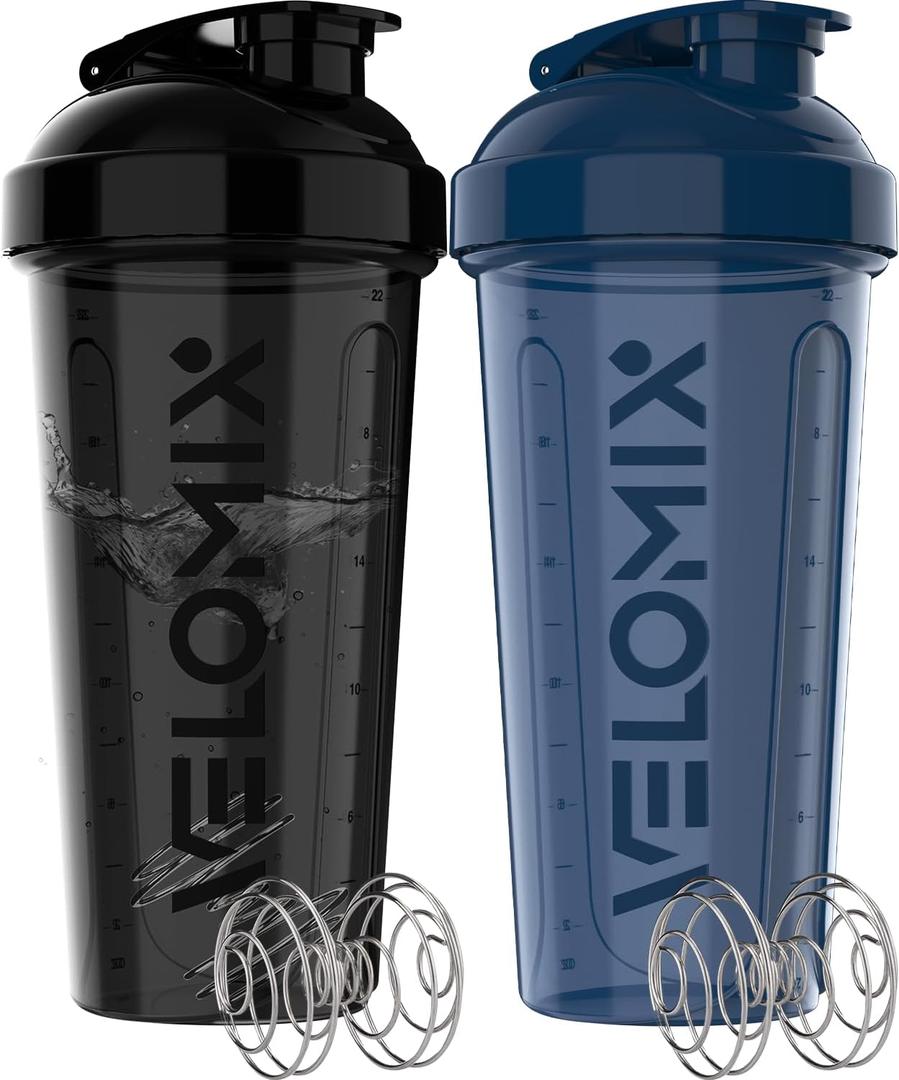 VELOMIX 2 Pack 28oz Protein Shaker Bottle for Protein Mixes, A7) Blue / Black