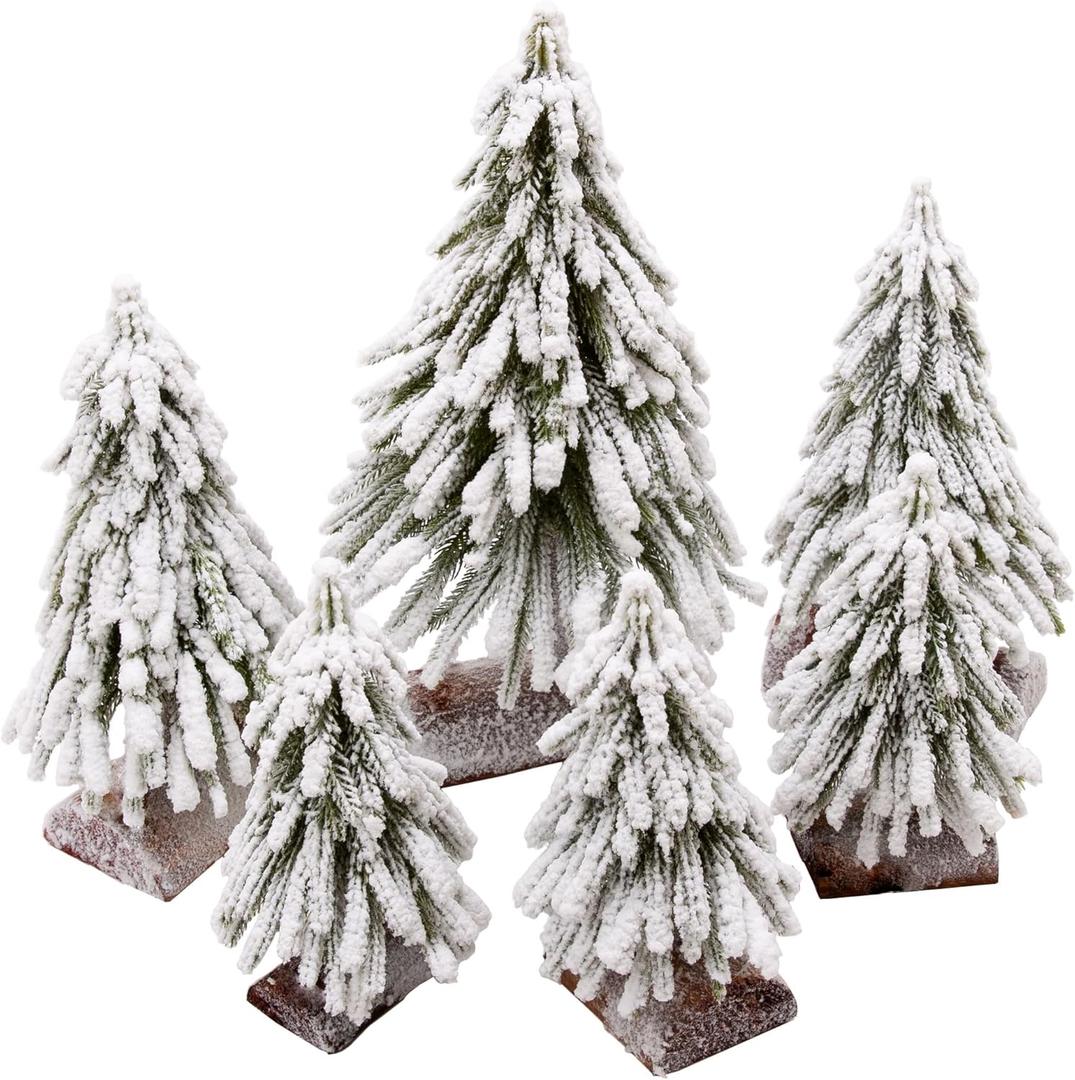6pcs Mini Christmas Tree Small Christmas Tree Artificial Separate Tabletop Trees with Spray Snow Wooden Bases for Winter Village Decorations Home Kitchen