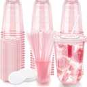 16oz Disposable Stemless Glasses with Flat Lids and Straws,PET Disposable Drinking Cups,Clear Plastic Wine Glasses for Parties Birthday,Wedding,Meeting,Christmas Party Supplies. (50, Pink)