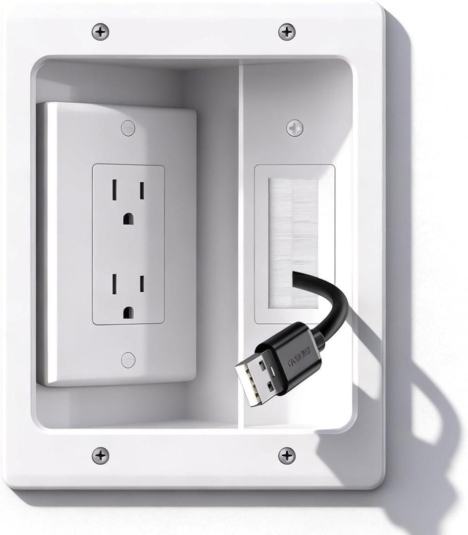 Wall Cable Concealer Kit with Recessed Tv Outlet Box-Two-Hole Socket,Tv Cable Hider Wall Kit Hider Box Fits All Plugs, Easy, Safe Cable Management
