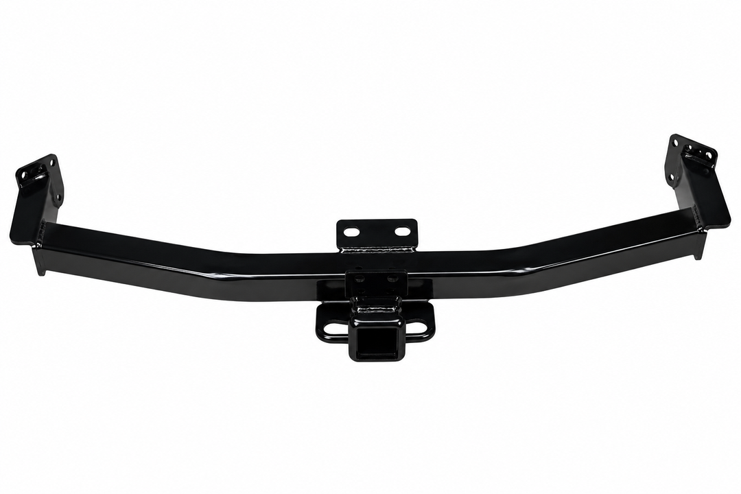 Heavy-duty black powder-coated steel trailer hitch receiver featuring a welded square cross tube, integrated safety chain loops. Designed for towing trailers and supporting hitch-mounted accessories such as bike racks and cargo carriers. Durable corrosion-resistant finish with robust welded construction for long-lasting performance.