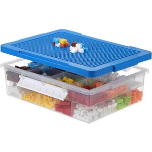 OGANAZI Plastic Organizer Bins for Blocks, Blocks Storage Container with Baseplate Lid Removable Tray, Stackable Double Layer 30 Slots Clear Storage Box Organizer for Bricks, Crafts, Beads(Blue)
