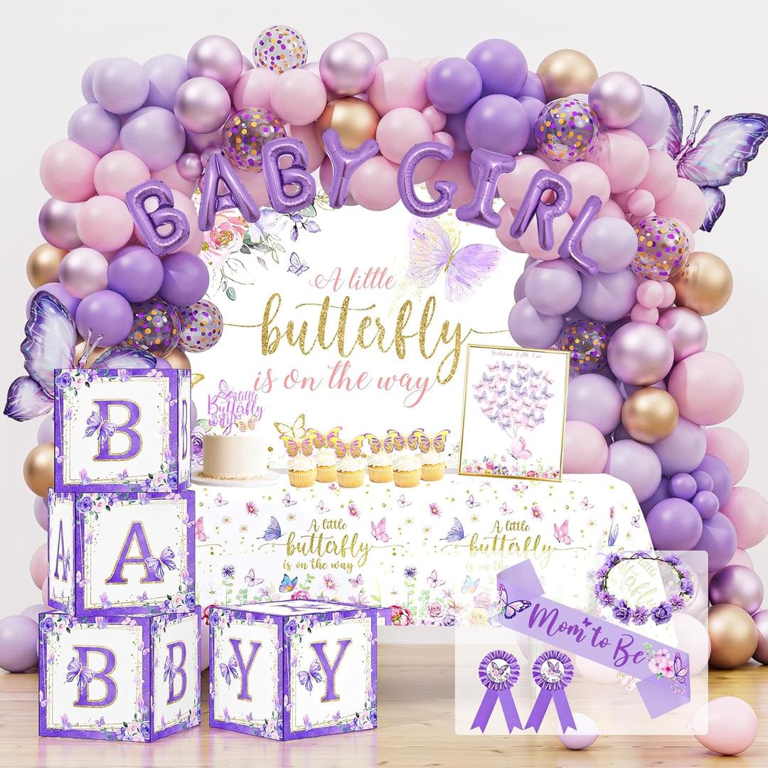 Butterfly Baby Shower Decorations Party Supplies, A Little Butterfly Is On The Way, It's a Girl Gender Reveal, Baby Shower Box Mom to Be Sash Dad to Be Pin Flower Crown Balloon Garland Tablecloths