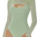 Avidlove Bodysuits for Women Round Neck Shapewear Bodysuit Long Sleeve Bodysuit Sexy Mesh Top Double Lined Cutout Shirt (XX-Large, Gray Green)