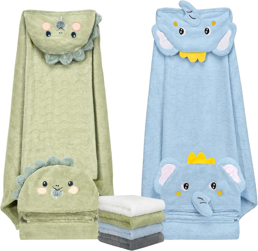 6 PCS Toddler Bath Towel Set for Boy Girl 0-5 Year, 2 PCS Thick Absorbent Hooded Baby Bath Towels Large 55" x 27.5" & 4 PCS Washcloths, Ultra Soft Gifts for Infant, Toddler, Kids, Dinosaur & Elephant