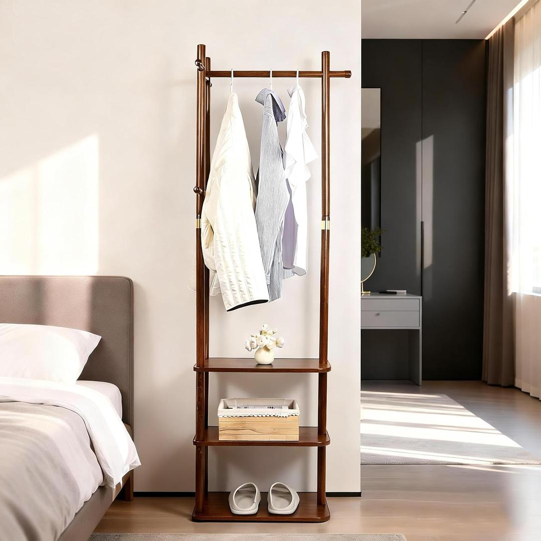 Wood Coat Rack Freestanding Clothing Rack with 3 Storage Shelves and 5 Hooks Coat Tree Heavy-Duty Garment Rack for Corner Entryways Living Rooms and Bedrooms, Walnut