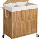 WOWLIVE Laundry Hamper with Wheels, Handwoven Rolling Laundry Basket with Lid, Clothes Hamper with Divided Removable Liner Bag, 115L Large Capacity Laundry Sorter Laundry Room Organization, 115L(22 x 13 x 26.4 Inches), Natural