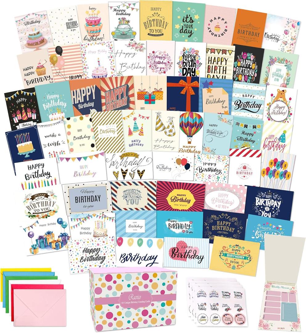 60 Unique Birthday Cards - Assorted Happy Birthday Cards, 5 x 7 inches, With Messages, Envelopes & Stickers in Bulk Boxed Set