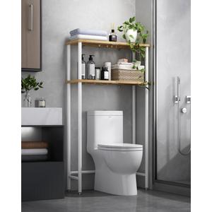 LiSHELF Bamboo Over The Toilet Storage Shelf 2-Tier Bathroom Organizer Rack Freestanding Above Toilet Shelves Space Saver for Small Bathroom, Laundry, White
