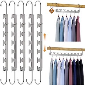 5 Pack Space Saving Hangers for Clothes, 6 to 9 Holes Expandable Metal Heavy Duty Hangers Space Saving for Closet Bedroom Dorm RV Outdoors