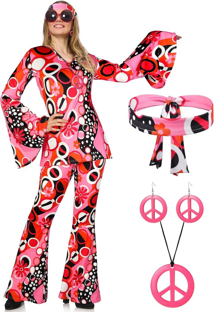 Haysandy 70s Outfit Women Disco Hippie Costume Accessories Pink Peace Disco Bottom Pants for Carnival Halloween Cosplay XL