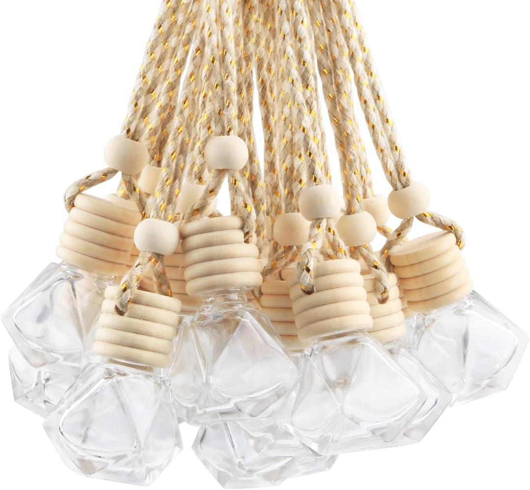 DMuuuDM 20 Pcs 8ml Hanging Car Air Freshener Diffuser,Empty Refillable Clear Glass Essential Diffuser Oil Aromatherapy Fragrance Perfume Pendant Vials with Wooden Caps & Hanging String
