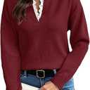 V Neck Sweaters for Women, Long Sleeve Lace Trim Knit Sweater Fall Casual Lightweight Pullover Top M Wine Red, M