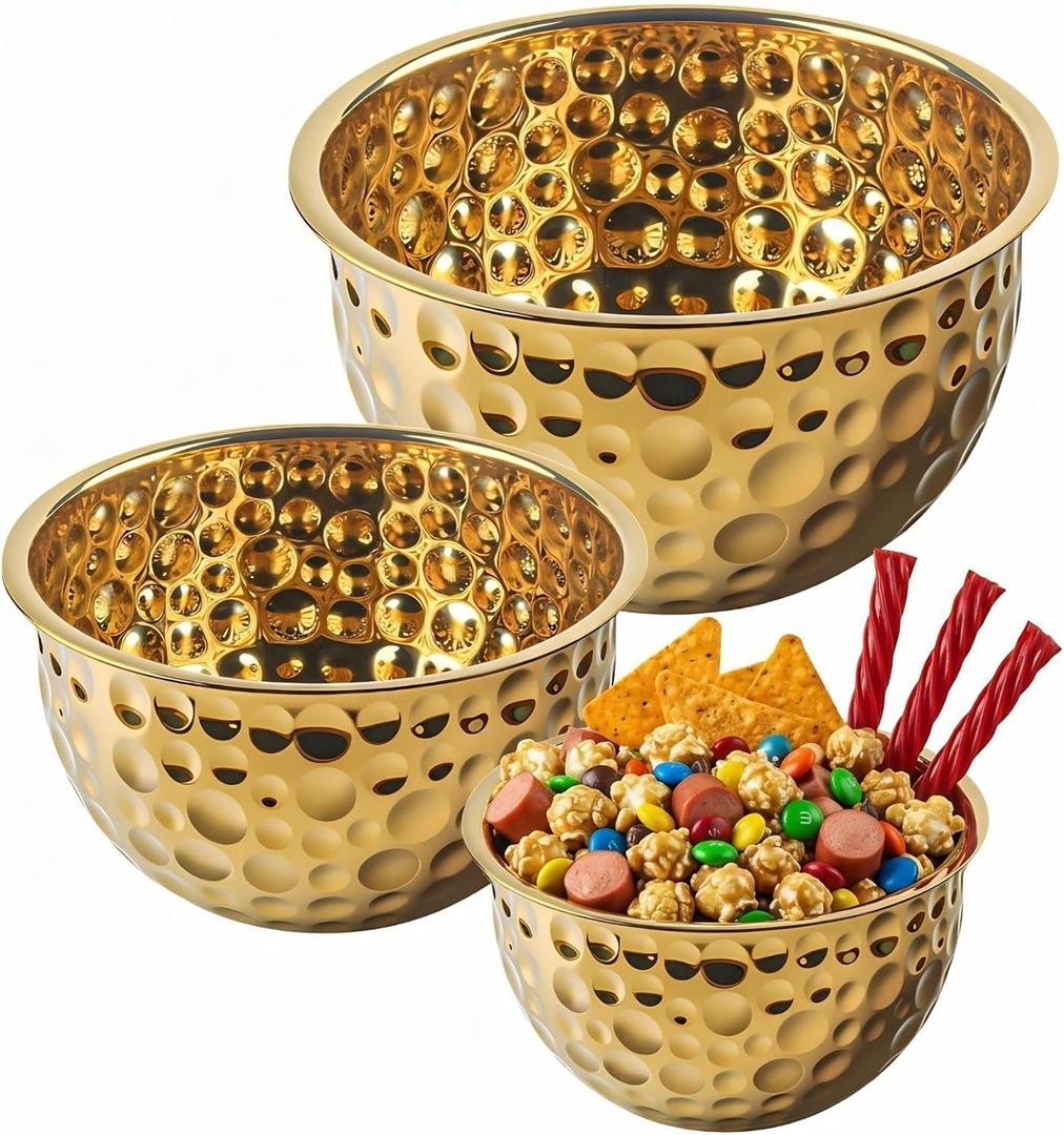Gold Mixing Bowls, Hammered Mixing Bowls Set of 3 (7.2, 4, 2Qt), Stainless Steel Large Golden Finish Kitchen Bowls, Gold Serving Bowls for Entertaining Prepping Cooking Baking, Multipurpose Bowls
