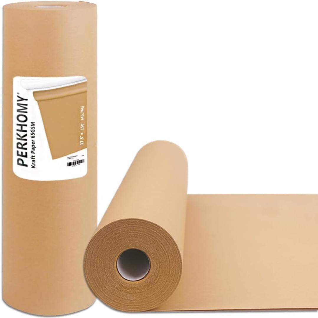 PerkHomy Brown Kraft Paper Roll 17.5" x 3,600" (300') for Gift Wrapping Bulletin Board Craft Art Bouquet Flower Packing Moving Shipping Floor Covering Table 70GSM 50LB (Brown, 17.5" x 300')