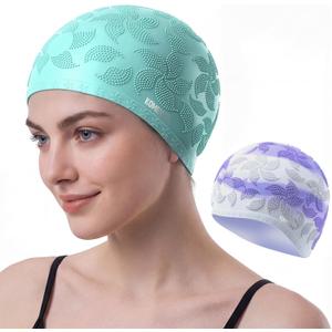 2 x Women Swim Cap 2 Pack for Long Hair, Silicone Flower Adult Swimming Caps Waterproof for Girl Youth No Wet Hair