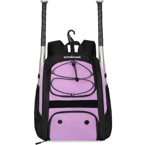 Goloni Youth Baseball Bag,Baseball Backpack with Shoes Compartment,Softball Bag with Fence Hook for T-Ball Bat & Equipment, 10*5*6, Dark Purple