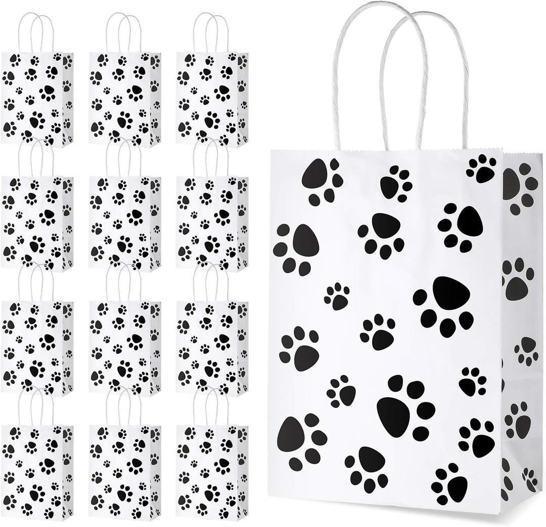 Blulu 20 Pcs Puppy Dog Paw Gift Bags with Paper Twist Handles, Dog Gift Paper Paw Treat Goodie Bags for PET Treat Party Favor, 6.3 x 3.1 x 8.6 Inch (White Backing)