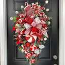 Christmas Candy Cane Wreath for Front Door - Red and White Teardrop Holiday Decor with Ball Ornaments, Indoor Outdoor Christmas Garland for Stairway, Home & Party Decorations (1pc)