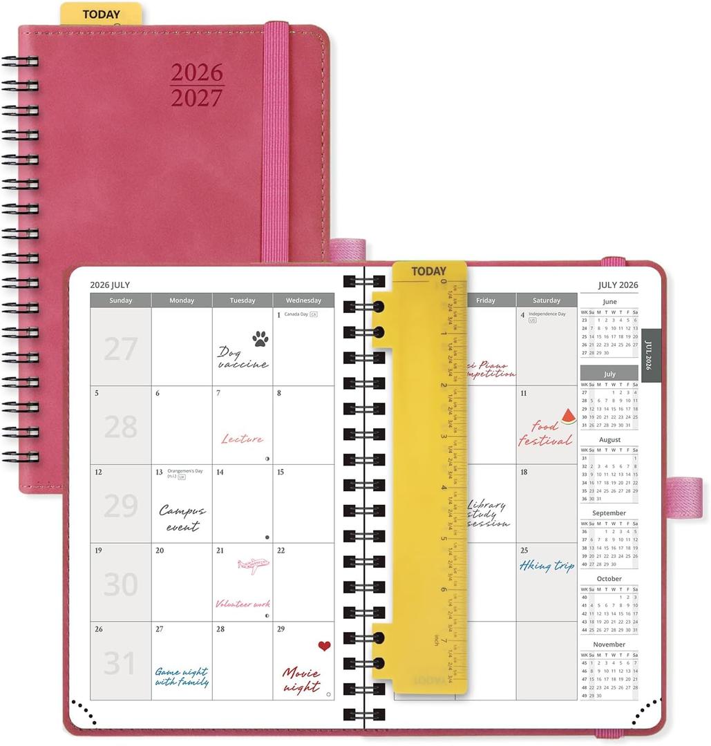 POPRUN 2026-2027 Monthly Planner, Small 4" x 6.25", 18 Month Calendar Agenda (July 2026 - December 2027) with Expense Tracker, Notes Pages, Sprial Bound, Leather Softcover - Magenta