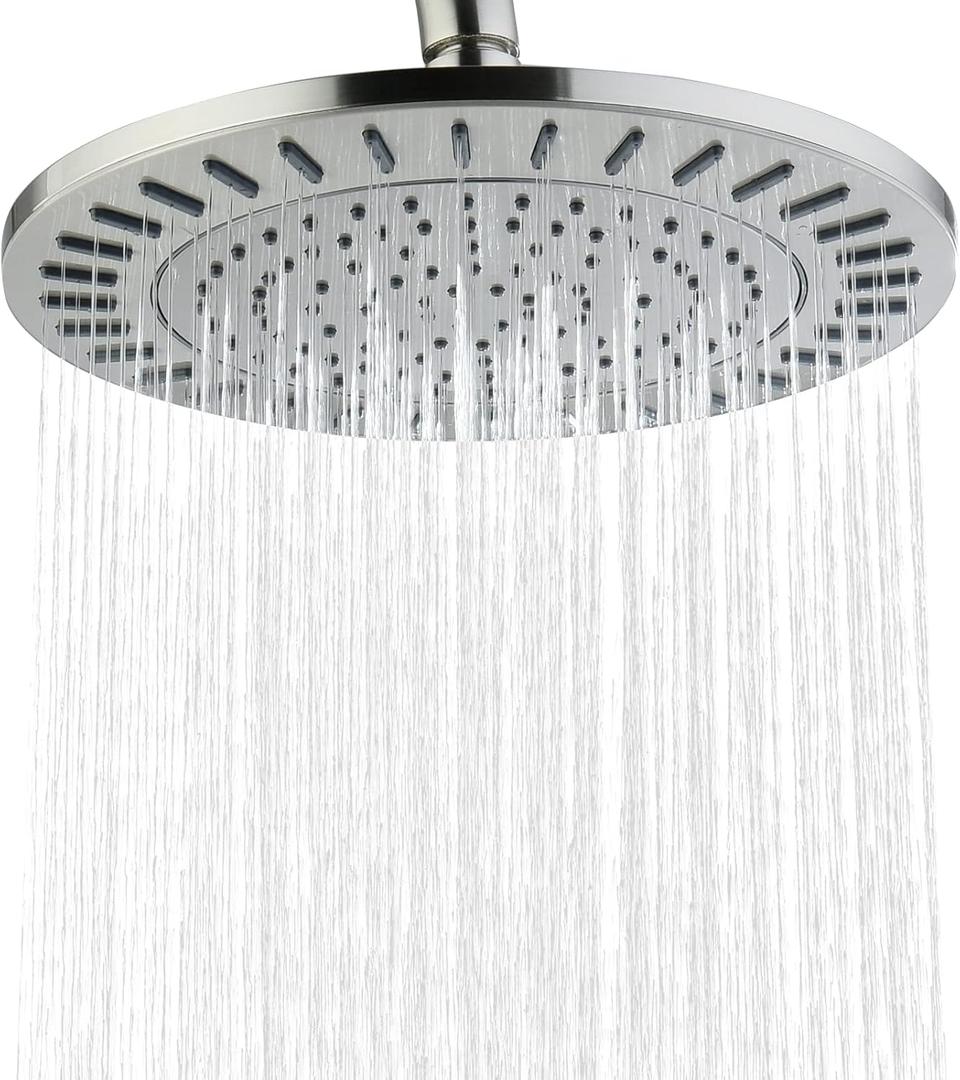 BRIGHT SHOWERS Rain Shower Head, 9 Inch High Pressure Waterfall Showerhead with Adjustable Angle and Anti-clogging Silicone Nozzles, Luxury Bathroom Overhead Shower, Brushed Nickel
