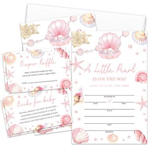Under the Sea Pearl Baby Shower Invitations For Girl, Ocean Girl Baby Shower Invites Diaper Raffle Tickets, Book Request Cards Fill in Blank (25 Pcs & Envelopes)/Set-07