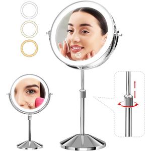 Omobolanle 8" Lighted Makeup Mirror, 10X Magnifying Mirror with 360 Rotation, Double Sided, 3 Color Lights, Brightness & Height Adjustable, Rechargeable LED