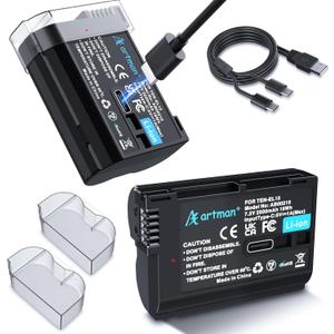 Artman EN-EL15C Battery 2-Pack 2500mAh with 2in1 USB-C Charging Cable, EN-EL15 Battery for Nikon Z8 Zf Z5 Z6 Z6 II Z7 Z7II D7000 D7200 D7500 D600 D610 D750 D780 D800 D850 D800E D810 D810A 1 V1 Cameras
