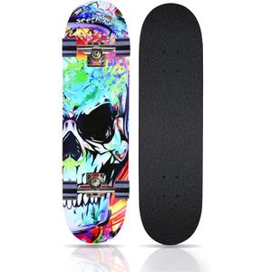 Skateboards for Beginners Kids Boys Girls and Adults,31''x8'', 7-Layer Maple, Double Kick Concave, Fascinating Cool, Solid&Durable (Colorful skeletons 02)
