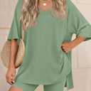 PRETTYGARDEN 2 Piece Sets for Women Summer 2026 Lounge Short Set Spring Matching Biker Shorts V Neck Oversized Shirt Clothing (Green, XXL)
