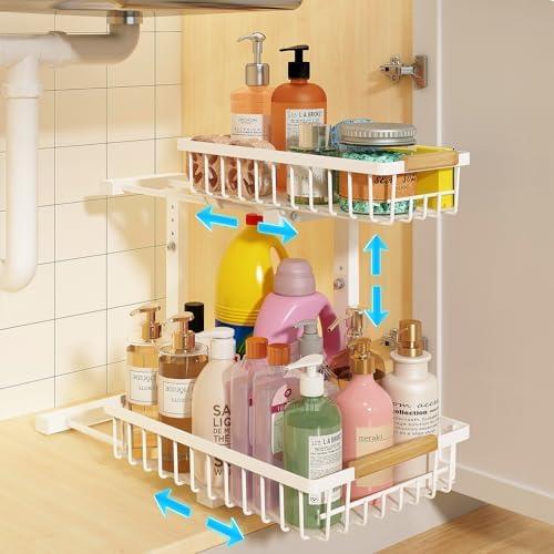 REALINN Under Sink Organizer, Height Adjustable Under Sink Organizers and Storage, 2 Tier Pull Out Drawer Cabinet Storage for Kitchen Bathroom, 1 Pack, White