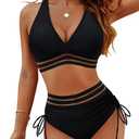 Blooming Jelly Women High Waisted Bikini Sets Tummy Control Swimsuits Color Block Two Piece Drawstring Bathing Suit, Medium