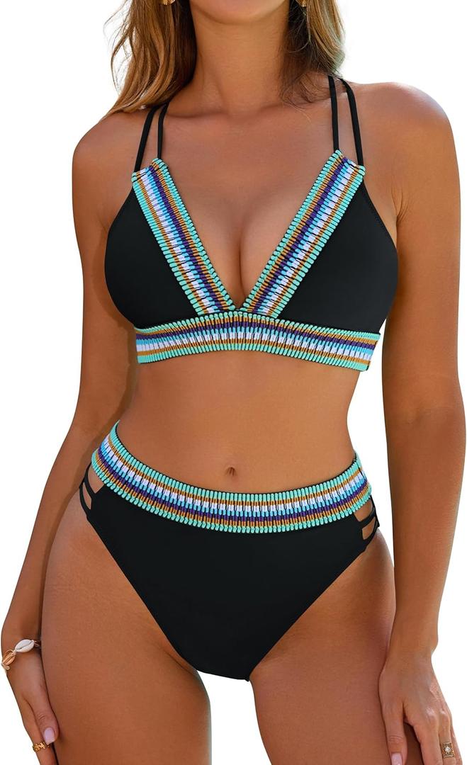 Blooming Jelly Womens High Waisted Bikini Sets Color Block Two Piece Swimsuit V Neck Crisscross Back Bathing Suit (Medium, Black)